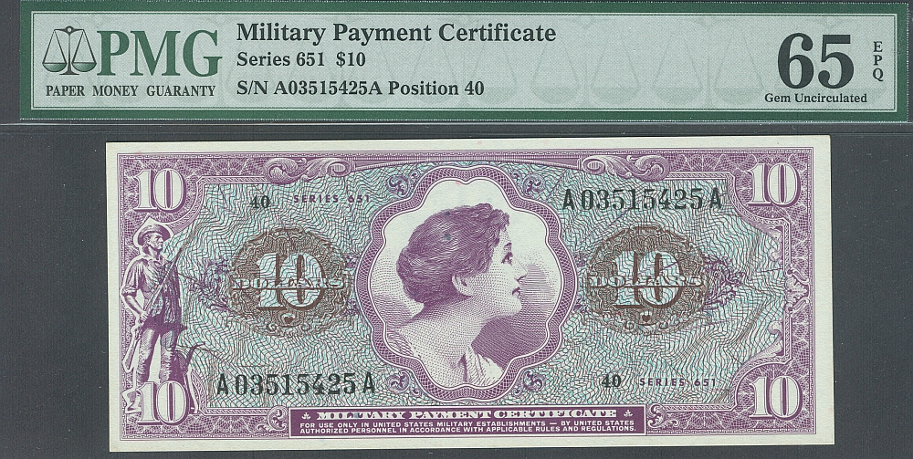 MPC, Series 651, Viet Nam Era $10.00, A03515425A, PMG65-EPQ